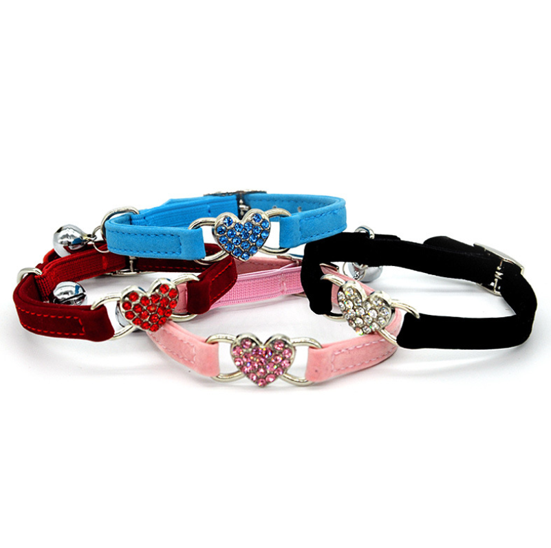 Heart-Shaped Cat Collar with Rhinestones and Bell