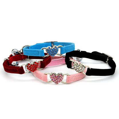 Heart-Shaped Cat Collar with Rhinestones and Bell