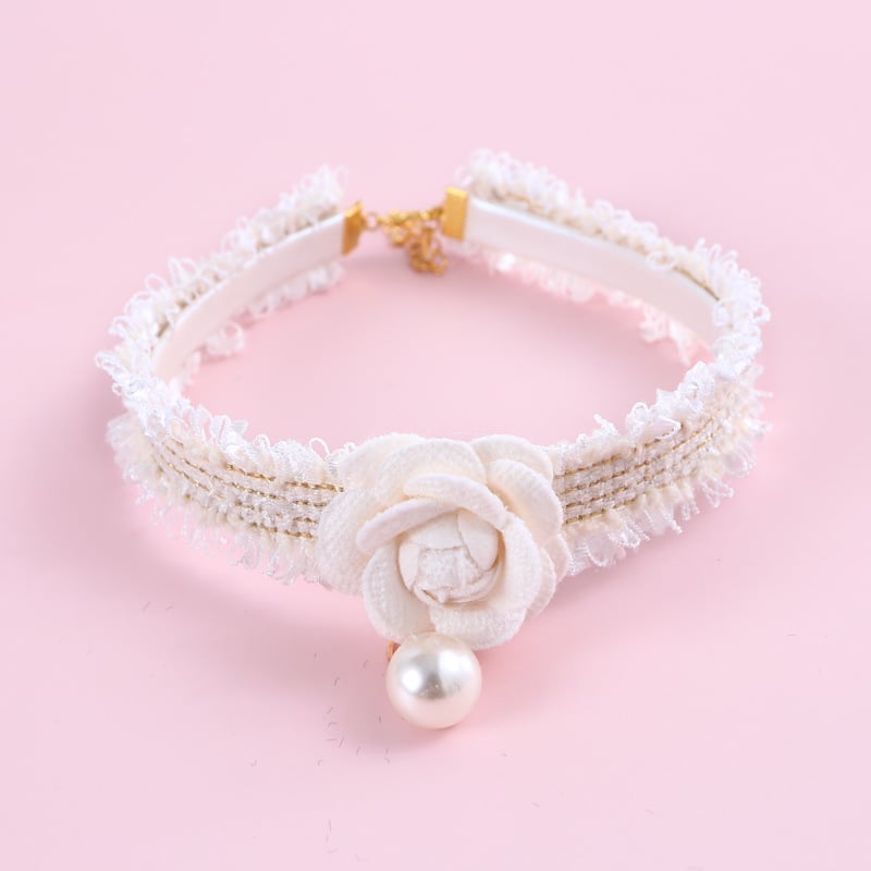 Adjustable Hand-Woven Cat Collar with Pearl Flower
