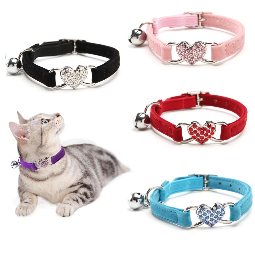 Heart-Shaped Cat Collar with Rhinestones and Bell