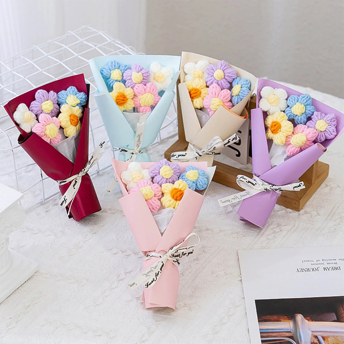 DIY Handwoven Knitted Flowers Bouquet Artificial Flower Knitted Woolen Flowers Woven Birthday Valentine's Day Gift Home Decor