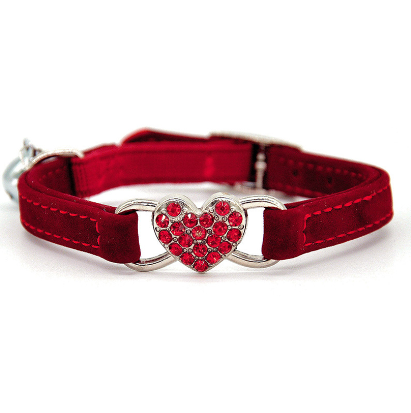 Heart-Shaped Cat Collar with Rhinestones and Bell